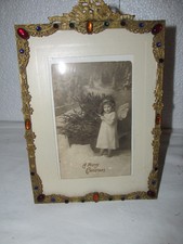 1920's Ornate Jeweled Brass Ormolu Easel Back Picture Frame and Vintage Postcard picture