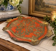 Vintage Italian Florentine Tray Made in Italy Orange Gold Ornate Gilt Wood Decor picture