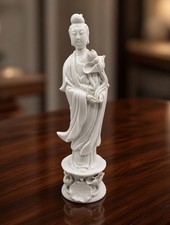 Vintage Blanc de Chine Guanyin Statue – High‑Gloss White Porcelain – Lotus Flowe picture