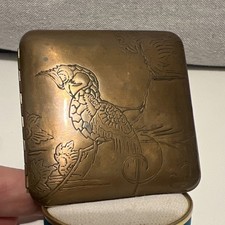 Vashe Brass Art Deco Bird Engraved Folding Powder Compact Mirror w/ Puff Antique picture