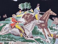 3YDS 40's The Hunt Fox Chase on BLACK Toile Horses Barkcloth Era Vintage Fabric picture