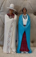 Vintage Pair Ceramic Native American Navajo Couple Statues Man Woman Look picture