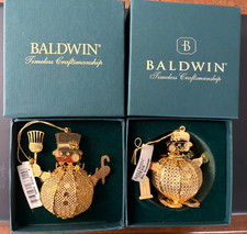 NIB Vintage 1998 Baldwin Brass Ornaments Set Mr. & Mrs. Snowman 24K Gold picture