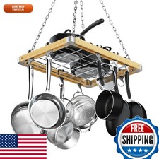Cooks Standard NC-00268 Hanging Ceiling Wood Pot Rack 24x18 in Metal Grate Hooks picture