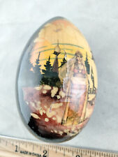 Vtg Russian Hand Painted Black Lacquer Egg Art - Tradtional Dress - Winter Scene picture