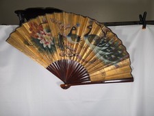 Large Vintage Asian Peacock Folding Wall Fan – Hand Painted Oriental Decor 35in picture