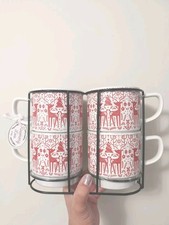 NEW Holiday Reindoor Coffee Red White Christmas Tea Mugs Rosemary Lane 4pc Set  picture