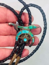 Vintage C31 Native American Zuni Bruce Zunie Turquoise Inlay Shriners Bolo Tie picture