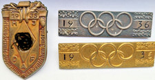 3pc Vintage 1935-1936 Historical Pin Lot - Berlin Olympics Gold/Silver Set & HJ picture