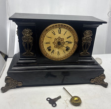 Antique 1882 ANSONIA Enamel Iron Brass Trim Mantel Clock New York Works W/ Key picture