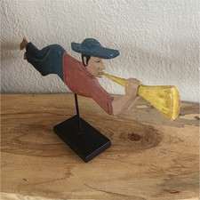 Vintage Hand Carved Wood Folk Art Flying Bugler Trumpeter Boy Sculpture 24” picture
