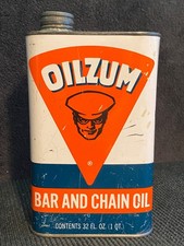 Vintage c. 1950's OILZUM Bar and Chain Oil tin metal Can - chainsaw display MUST picture