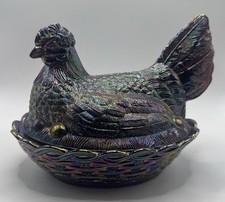 Vintage Moser Hen on Nest XLg RARE Black Amethyst Carnival Glass picture