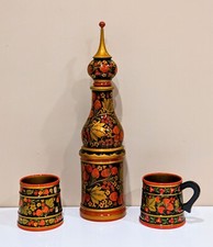 Vintage RUSSIAN KHOLKHLOMA CASE & Cups Hand Painted Wood Laquer COGNAC RARE picture