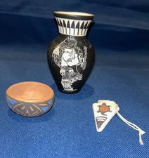 3pc Native American Acoma Pueblo Pottery Lot Signed Chino, Romero - Hand Carved picture