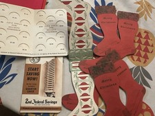 Lot 6 50s Die Cut Stocking Coin Holder Christmas Card Savings Bank 2 List Pads picture