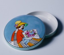 Noritake Deco - Vintage Powder Puff Box - Lady in Tan & Orange Dress w/Flowers picture