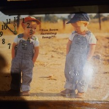Vintage Osh-Kosh Overalls Framed Picture Farming Boys With working clock. picture