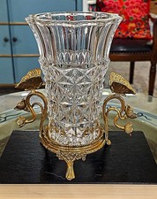 Cut Crystal Vase. Bronze Ormolu Base, Handles. Decorative Butterflies - 8