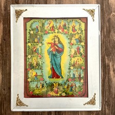 Vintage Our Lady of the Rosary Madonna 15 Mysteries Framed Religious Lithography picture