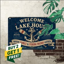 Lakeside Welcome Our Charming Lake House Metal Tin Sign Fishing Cabin Art 8x12 picture