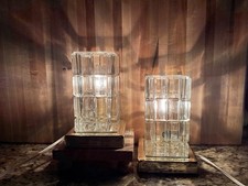 VTG 7” MCM Hollywood Regency Stacked Glass Column Cube (2) Pair Lamps Portugal picture