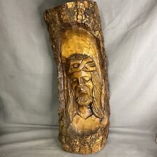 Hand Carved Jesus With Thorns In Wood Log 14” Tall Detailed picture