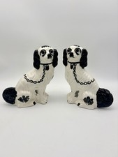 Vintage Staffordshire Style Black White Spaniel Wally Mantel Dogs Pair 25cm picture