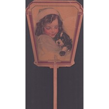 Vtg Angel of Mercy Hand Fan Lou Mayer Girl Puppy Dog Cardboard Funeral Church picture