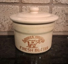 Vtg Grover Farms FRESH BUTTER Crock w/ Lid Stoneware Dairy Cow Design Dish Rare picture