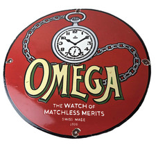 Vintage Omega Watches Porcelain Sign - Swiss Made Store Display Gas Pump Sign picture