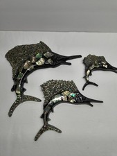Vintage 1969 Wondermold Lucite Abalone Sailfish Wall Plaque Set 3 MCM Marlin picture