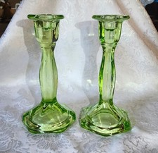 Vintage Green Glass Candle Holders - Elegant Octagonal Base Pair picture