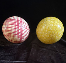 Antique Scottish Victorian Glazed Ceramic Carpet Balls Plaid & Ochre Set of 2 picture