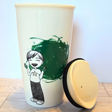 Starbucks 2015 Dot Collection Ceramic Travel Tumbler 12oz Green Finger Paint Boy picture