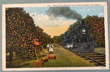 California Orange Groves 1932 Steam Train 3200 Oranges Harvest USA Card picture