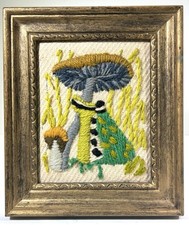 VTG 70s Psychedelic Mushroom Crewel Embroidery Framed Needlepoint Boho Hippie picture
