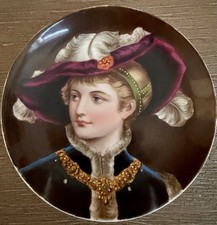 Antique Royal Vienna Style Miniature Portrait Plate Page Boy Plume Hat 4.5