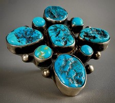 HUGE Vintage Navajo Sterling Silver Kingman Turquoise Cluster Ring ~ WOW🤯🤩 picture