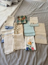 Vintage Linen Embroidered Hand Tea Towels Lot of 10 picture