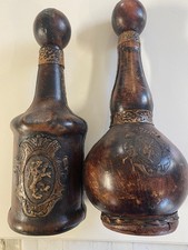 Vintage Leather Wrapped Decanter Bottle Made in Italy Lioncrest Emblem Lot Of 2 picture