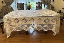 Vintage Italy White Hand Made Geometric Lace Tablecloth Italian 102” X 76” -Read picture
