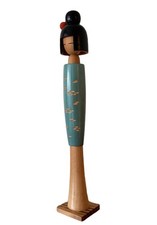 Vintage Isamu Yamakawa Kokeshi Doll 29.5cm Modern Blue Green Wood Base picture