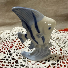 Vintage Porcelain Angelfish Figurine Blue White Striped Tropical Fish Ocean Wave picture