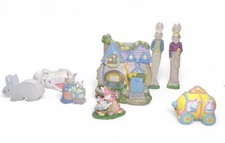 Vintage 90s Porcelain Easter Village 8-Piece Set Lighted Egg House Bunny Figures picture