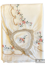 Vintage Victorian Floral Cross Stitched White Cotton Rectangular Tablecloth picture
