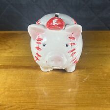 Vtg Baseball Pig Piggy Bank Large White Resin Money Coin Bank Red White Blue picture