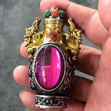Collectibles Antique Crafts Tibetan Silver Agate Jade Copper Snuff Bottle Old picture