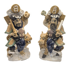 Large 15” Chinese Shekwan Mudman Guardians Pair Dragon Tiger Sun Moon Statue picture