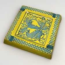 Stunning MCM Mid Century Yellow & Blue Italian Ceramic Square Cigar Ashtray 10” picture